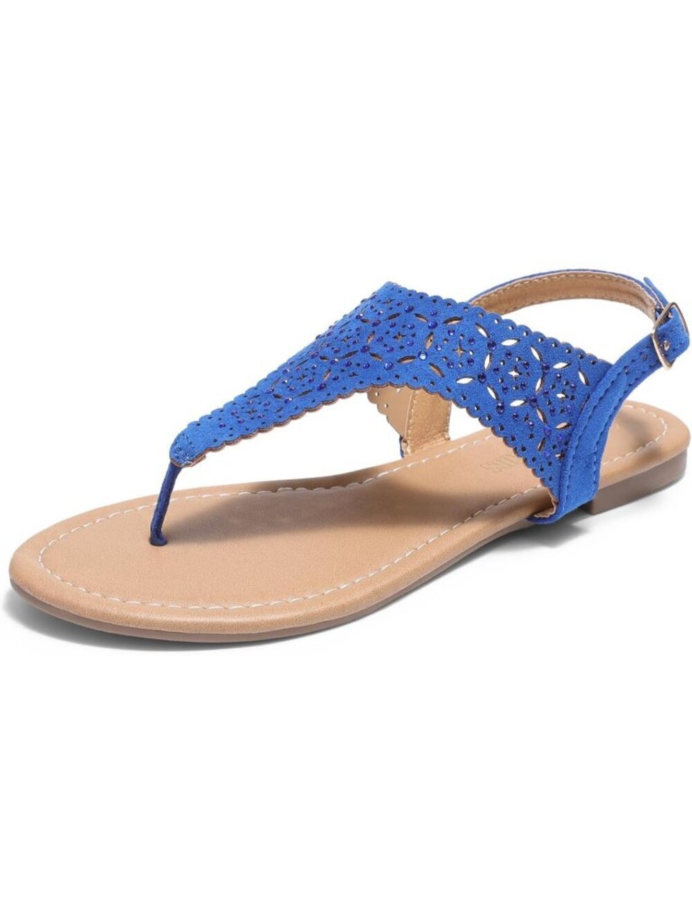 Women's Royal Blue T-Strap Gladiator Flats Buckle Closure Summer Dressy Sandals
